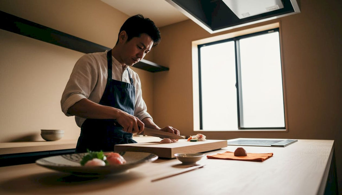 En erfaren kokk skjærer opp fersk sashimi med en elegant kiritsuke-kniv.