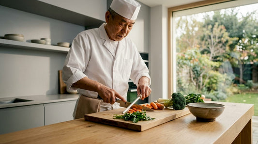 En japansk kokk sverger til Kai Shun-kniven på kjøkkenet.