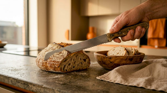 En tagget brødkniv skjærer gjennom et nybakt surdeigsbrød.