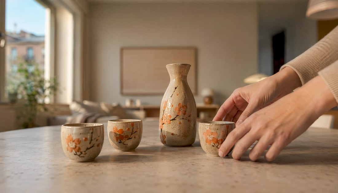 Et tradisjonelt japansk sake-sett står plassert på bordet.