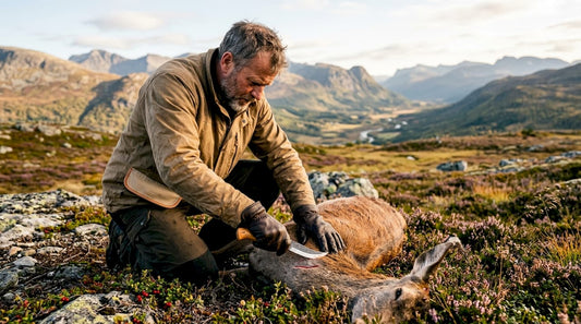 En jeger står ute i skogen og bruker flåkniven til å ta skinnet av en hjort.