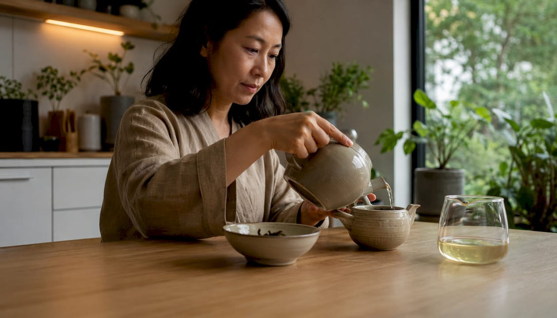 En kvinne står på det lyse kjøkkenet sitt og lager gyokuro-te.