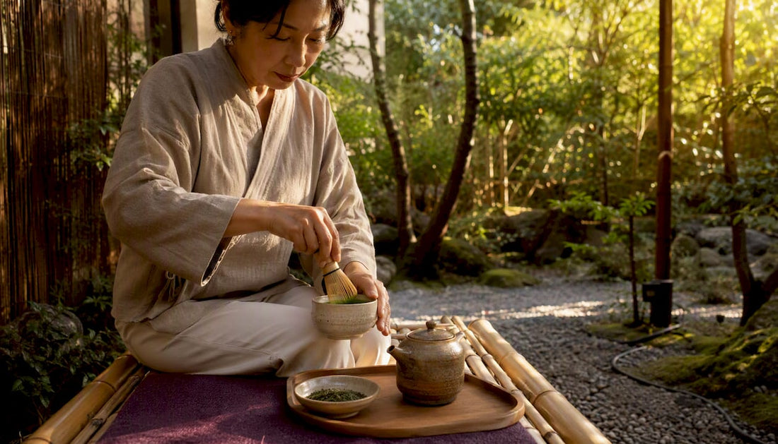 En kvinne lager matcha-te på tradisjonelt vis i et japansk teseremonirom.
