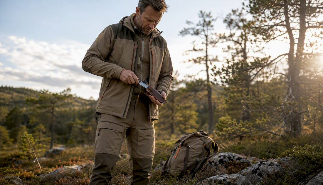 Jeger på tur med jaktkniv i den norske villmarka