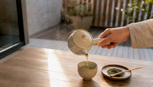 Grønn te helles fra en tradisjonell japansk kyusu-kanne