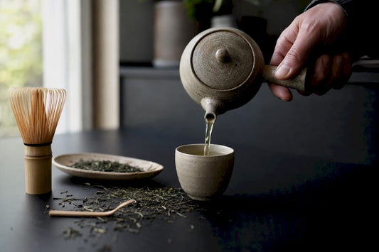 Grønn te blir servert fra en tradisjonell japansk kyusu-kanne.