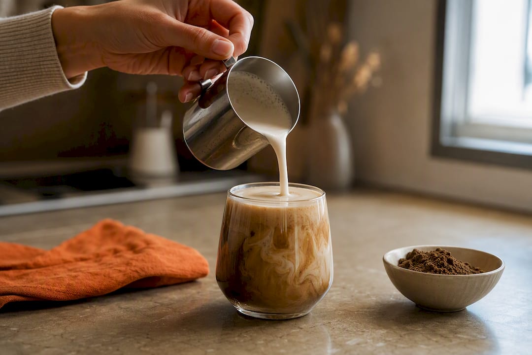 Hojicha latte laget med skummet havremelk