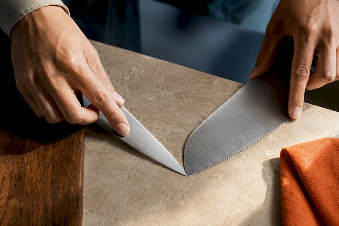 Sammenligning av smalt petty-egg og bredt santoku-egg