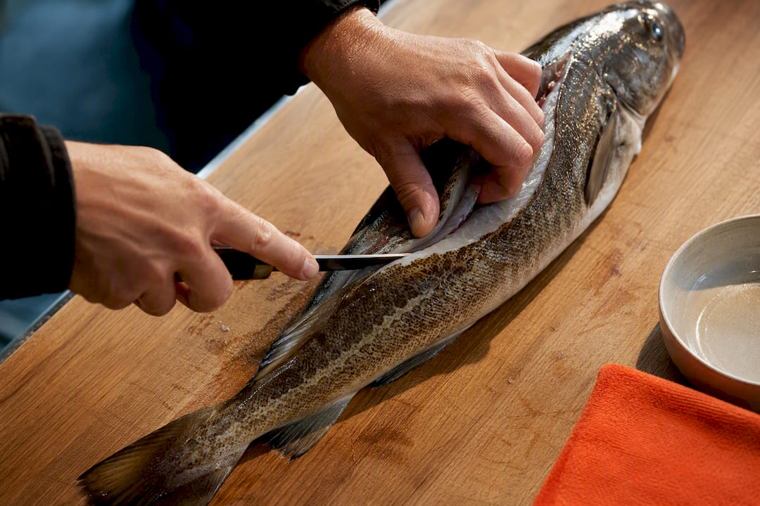 Hender fileterer fisk med presist knivarbeid