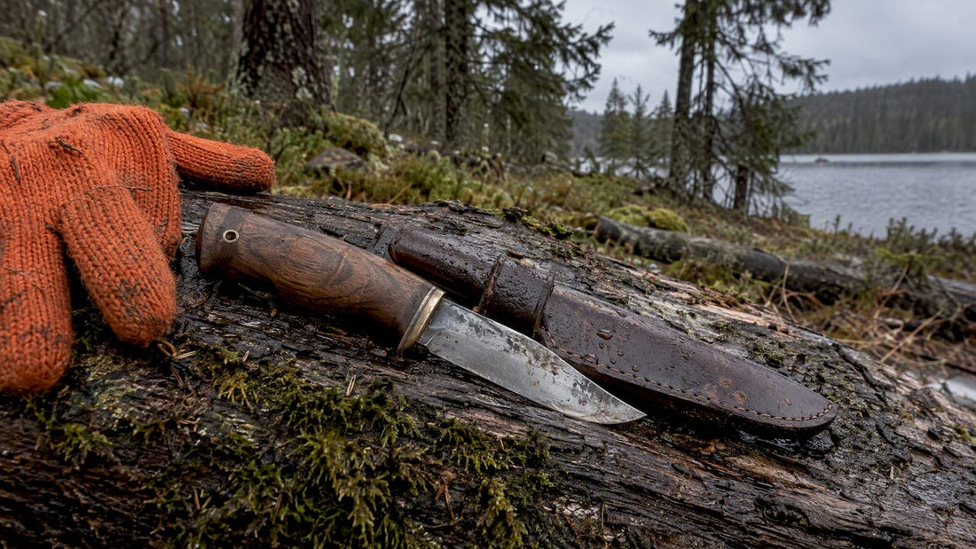 Jaktkniv i karbonstål ved norsk skogsbryn