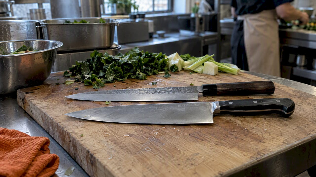 Japansk gyuto og vestlig kokkekniv på kjøkkenbenken