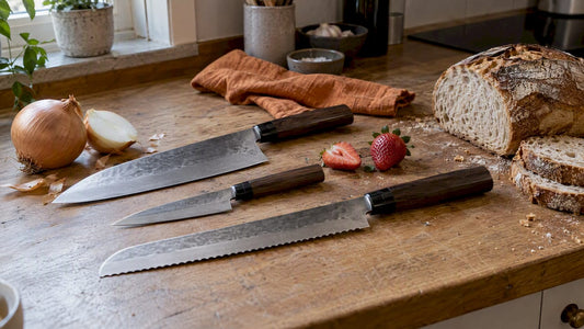 Gyuto-, petty- og brødkniver på kjøkkenbenken