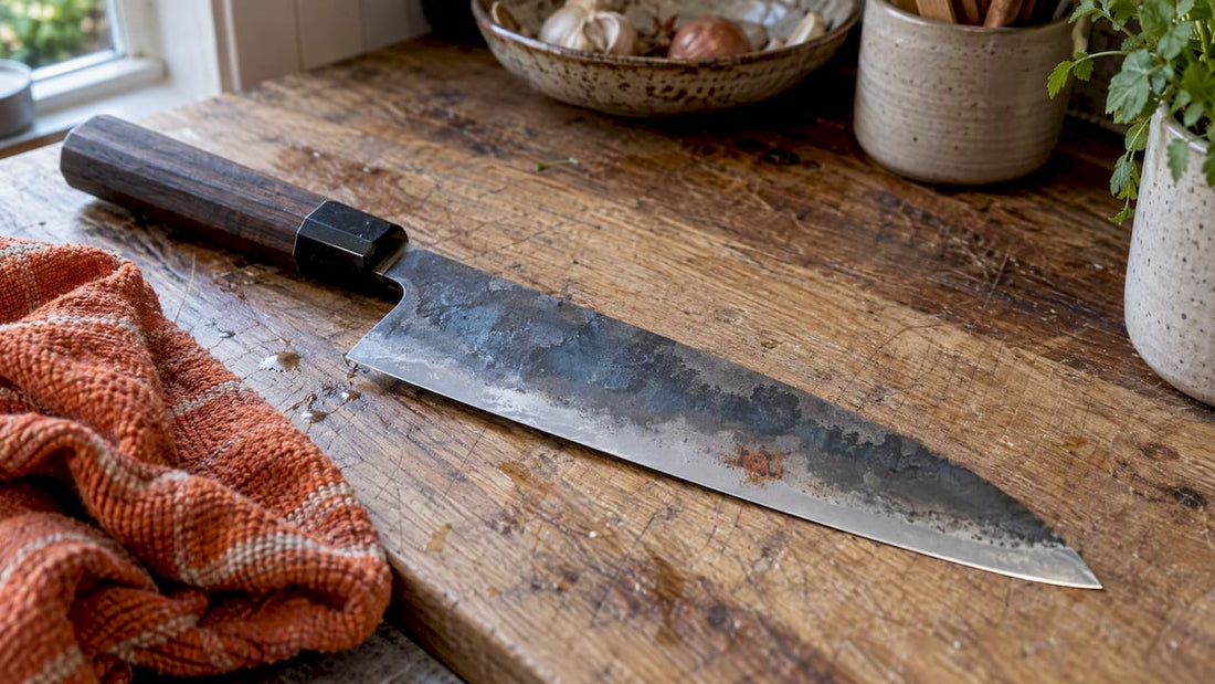 Knivblad med blågrå patina og rustflekk