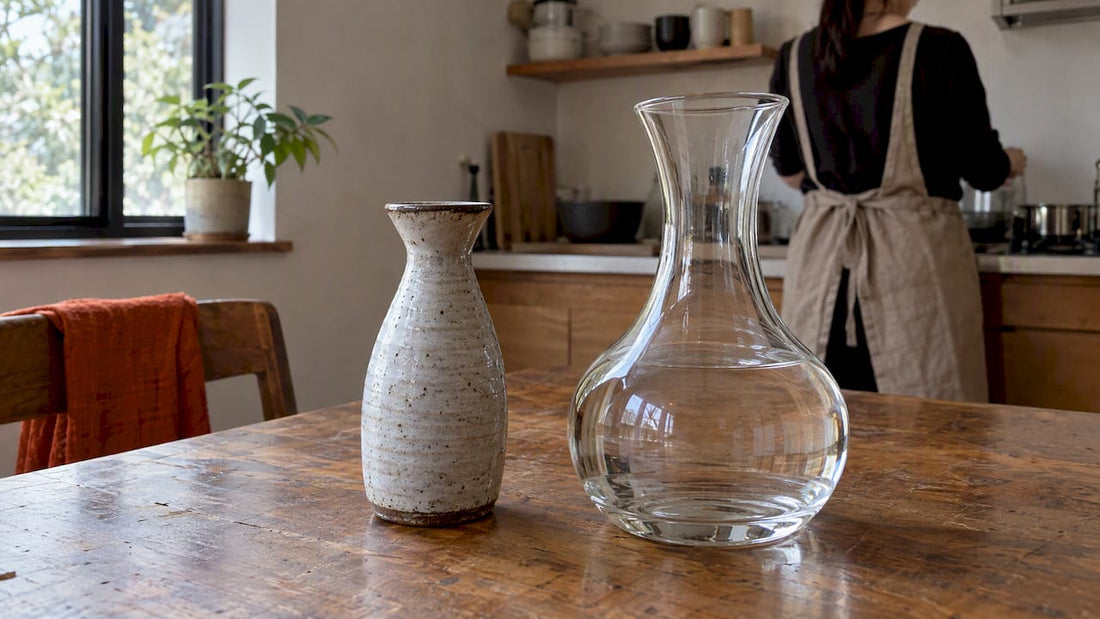 Tokkuri og glasskaraffel ved siden av hverandre
