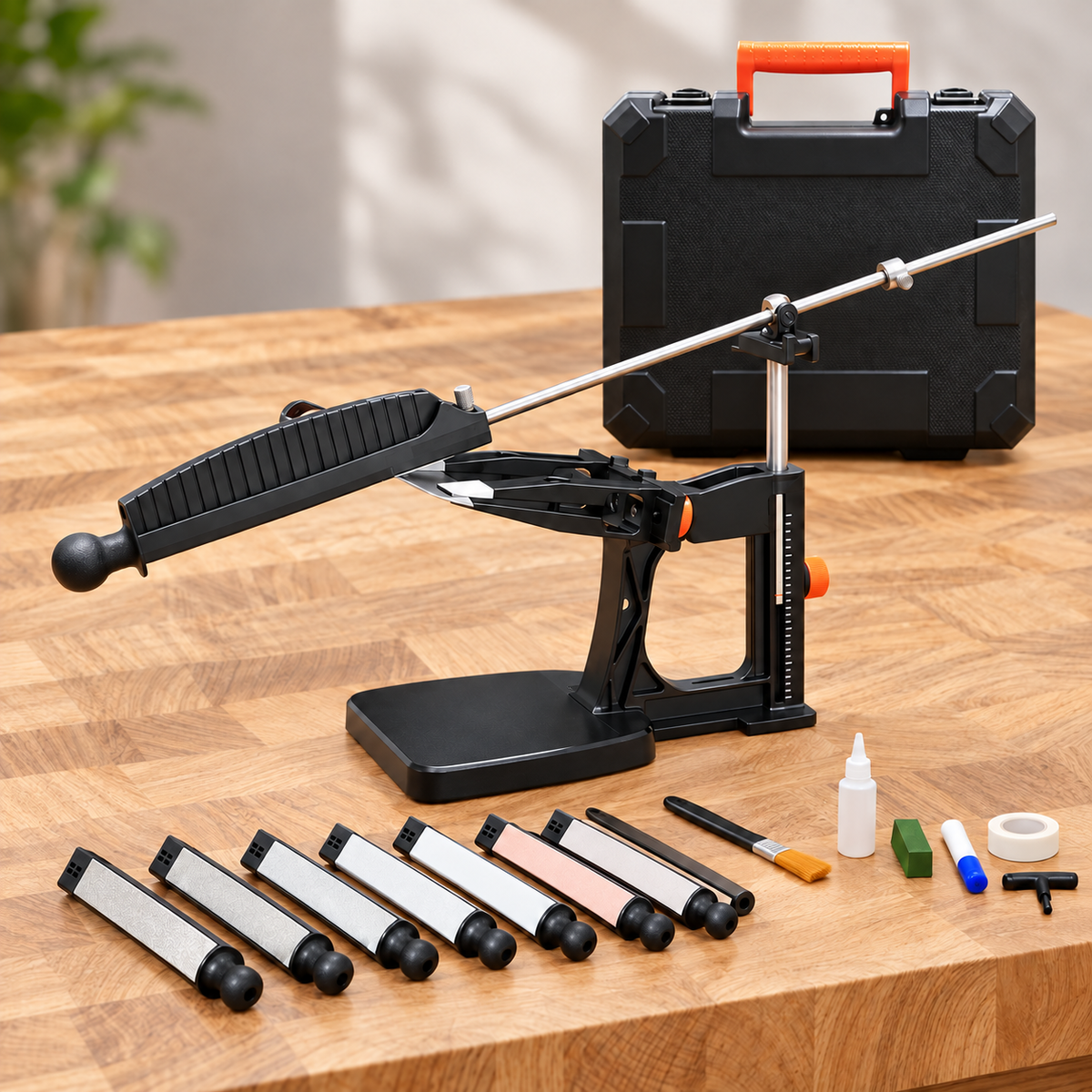 Senko Edge Master premiumsett med sju slipe- og poleringsplater, koffert og tilbehør på eikebakgrunn