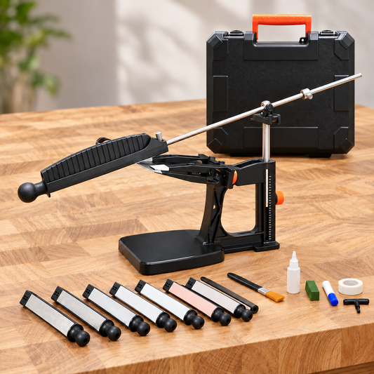 Senko Edge Master premiumsett med sju slipe- og poleringsplater, koffert og tilbehør på eikebakgrunn