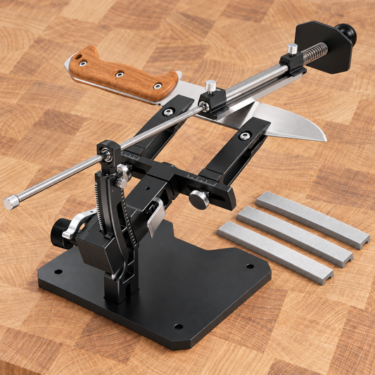 Senko Edge Pro slipesystem med tre slipeplater på eikebakgrunn, uten tekst eller logoer