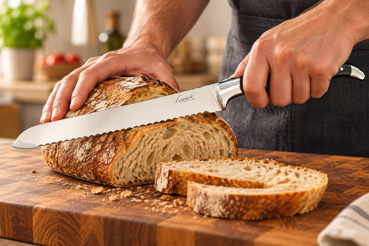 Brødkniv med mørkt trehåndtak i bruk til å skjære et brød