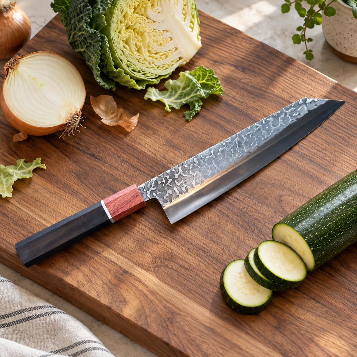 Senko Stainless Kiritsuke i kjøkkenmiljø med grønnsaker på skjærebrett