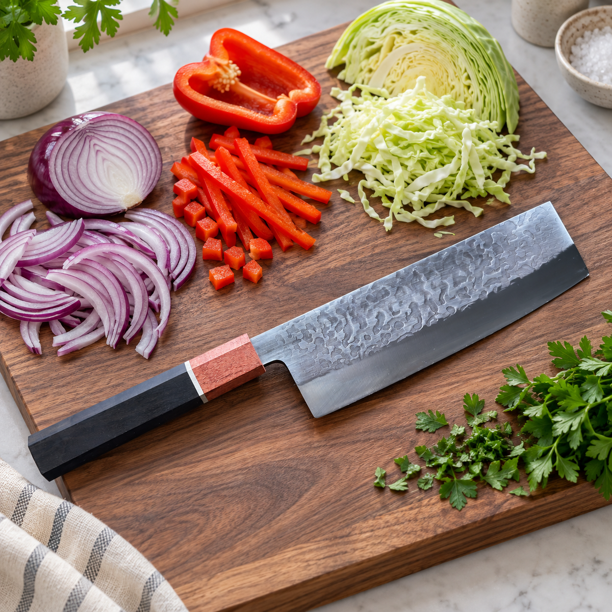 Senko Stainless Nakiri i kjøkkenmiljø med grønnsaker på skjærebrett