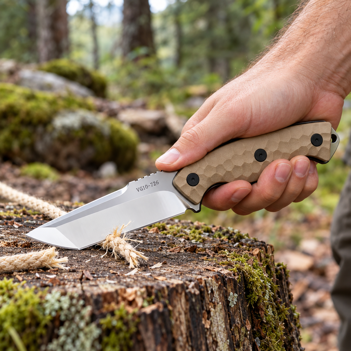 Turkniv 726 brukt til å kutte en snor på en stubbe